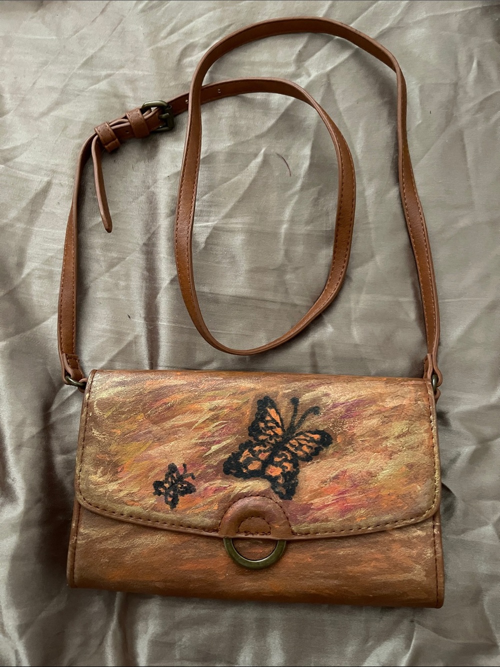 Hand-Painted Brown Leather Crossbody Bag with Butterfly Design